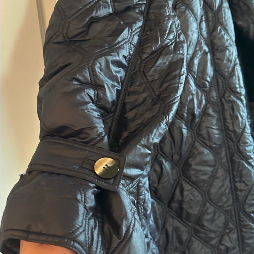 GANNI Women's Elegant Navy Shiny Quilted Coat - Picture 8 of 15